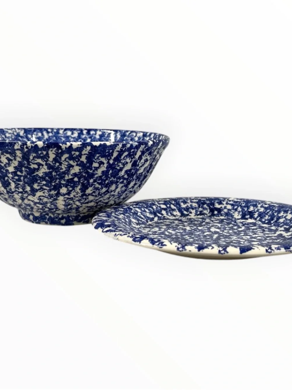 Vintage ISG Italy Blue Spongeware Pasta Bowl & Dinner Plate Set 10.5” Stoneware
